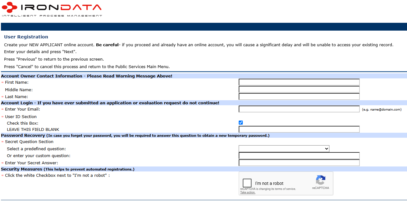 Illinois Board of Examiners online system new applicant registration page