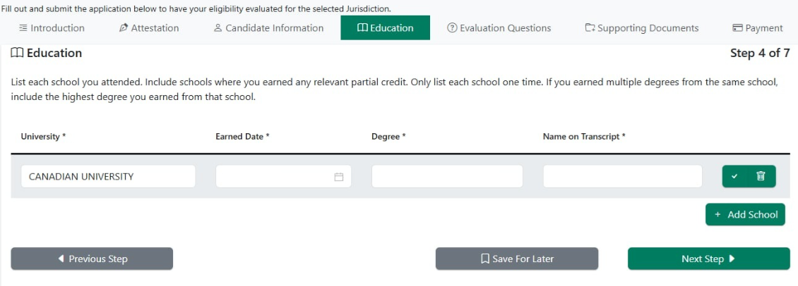NASBA application Education tab showing Canadian University entry