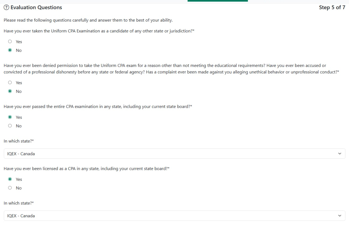 NASBA application Evaluation Questions showing IQEX Canada selection