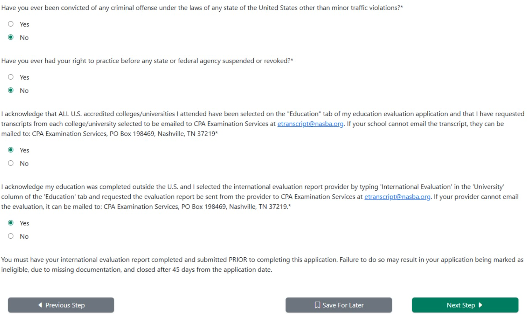 NASBA application Evaluation Questions continued showing transcript acknowledgments